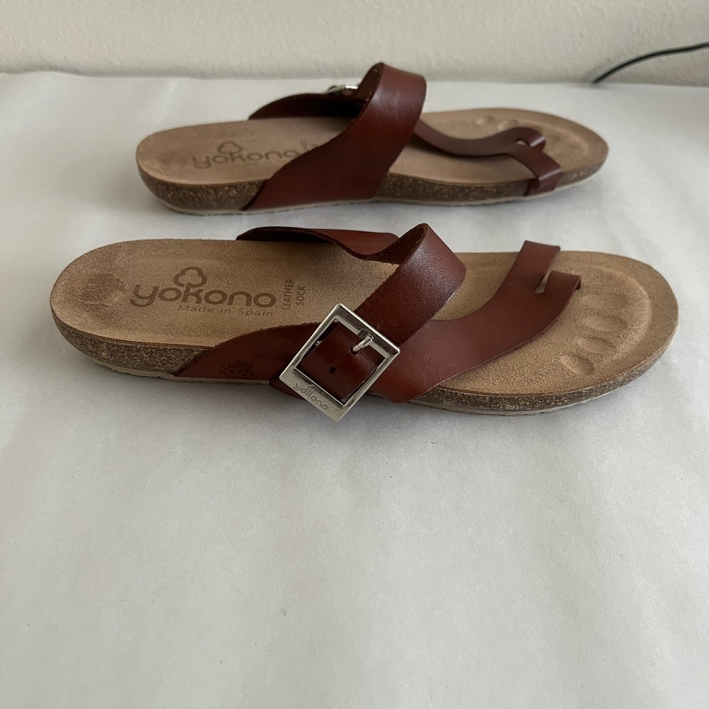 Yokono Comfort Sandals Womens 9 Brown Leather Toe Loop Spain Cork Buckle - Picture 3 of 10
